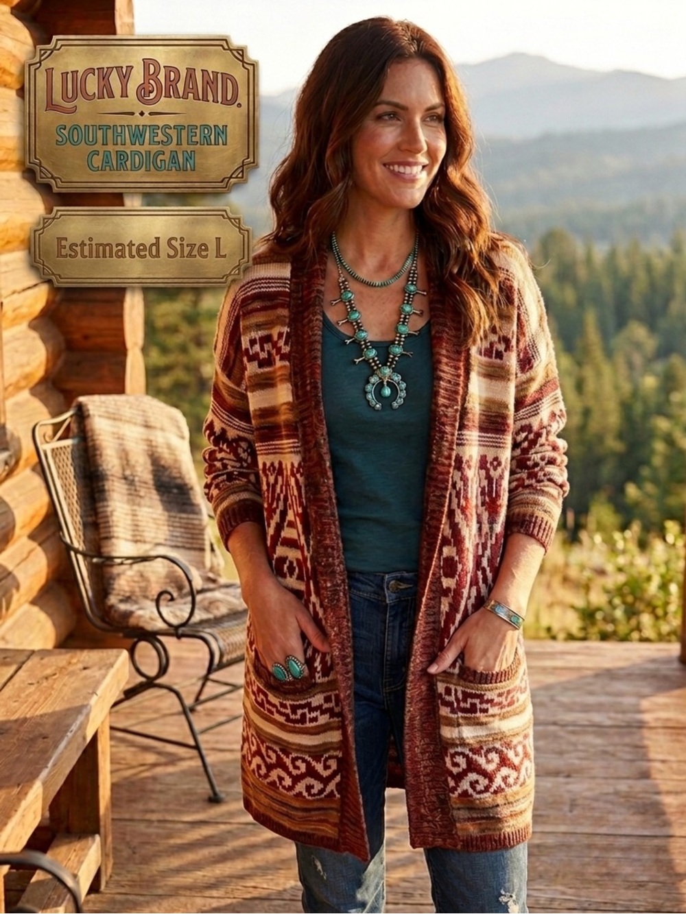 Lucky Brand Southwestern Aztec Knit Open Front Cardigan Sweater Boho Est Large